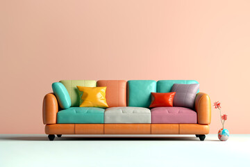 Colorful multicolored leather sofa against coral color wall with copy space. Minimalist home interior design of modern living room.