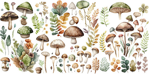 Set of Mushroom watercolor collection of hand drawn, Mushroom brown color, Mushroom elegant watercolor , Mushroom isolated transparent background, PNG. - obrazy, fototapety, plakaty