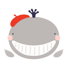 Cute whale wearing a beret character illustration. Hand drawn animal, Scandinavian style flat design, isolated vector. Kids autumn, fall print, element, seasonal activity