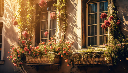 Fototapeta na wymiar Housing window decoration with flowers. AI generated