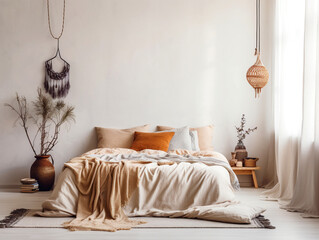 Scandinavian style interior design of modern bedroom. Bed with beige pillow and knitted blanket.