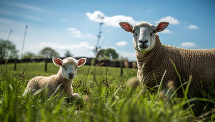 Obraz premium Sheep and lamb in a grassy meadow. AI generated