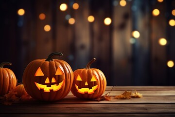 Halloween pumpkins on wooden table with bokeh lights background.Generative Ai