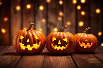 Fototapeta premium Halloween pumpkins on wooden table with bokeh lights background.Generative Ai
