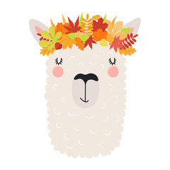 Cute llama in autumn leaves crown character illustration. Hand drawn animal, Scandinavian style flat design, isolated vector. Kids autumn, fall print, element, seasonal activity