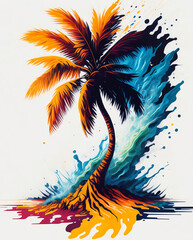 Abstract Colorful Palm Tree and Water Splashes with Island on White Background, Vibrant Color Illustration, Ai Generated