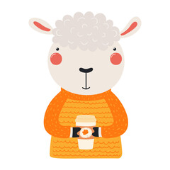 Cute sheep in sweater holding paper coffee cup character illustration. Hand drawn animal, Scandinavian style flat design, isolated vector. Kids autumn, fall print, element, seasonal activity © Maria Skrigan