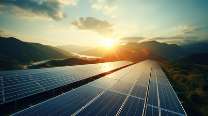 Industrial of Solar panel farm with sunlight on top view. Concept clean energy power in nature.