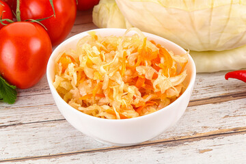 Fermented cabbage sauerkraut in the bowl