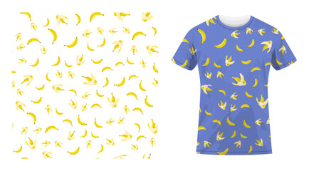 Short sleeved cotton sports t shirt decorated Ripe peeled yellow banana with bitten off part of fruit seamless pattern. Comfortable summer clothes. Vector ornament for design of textile and fabric