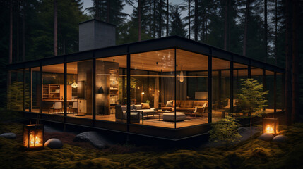 Obraz premium Contemporary Luxurious Villa Exterior in Minimalist Design. Glass-Encased Cottage Nestled in Woods during Nighttime. Modern Cabin-Style House Tucked in Deep Forest.