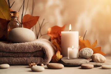 Autumn spa scene with candles, stones and towel, in earthy tones.  - 629936875