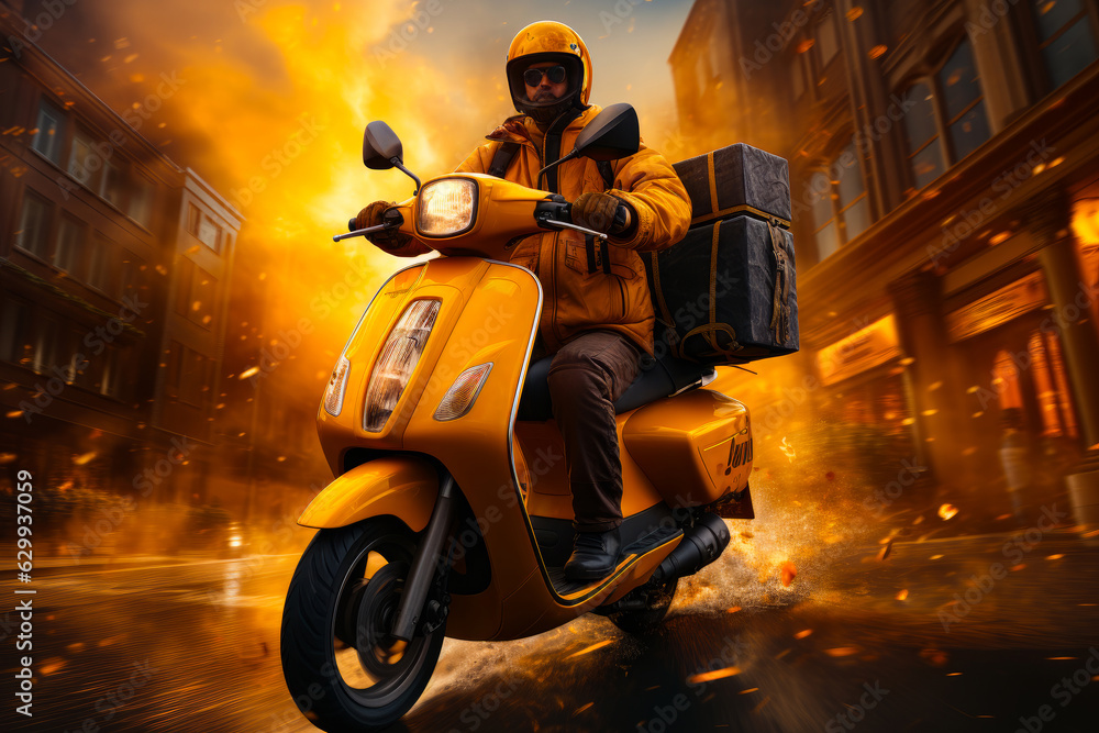 Wall mural Man wearing yellow jacket and helmet riding a yellow motorbike. Delivery service man carries a box through fire. Low angle view. Generative AI.