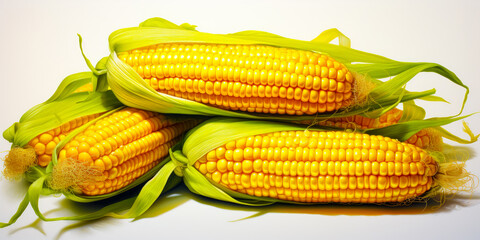 Few ears of corn in the leaves. Delicious organic vegetables isolated on the white backdrop. Generative AI.