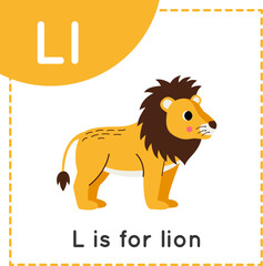 Learning English alphabet for kids. Letter L. Cute cartoon lion.