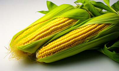 Crop of maize with green leaves. Yellow ripe ears of corn isolated at white backdrop. Generative AI.