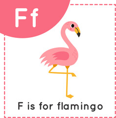 Learning English alphabet for kids. Letter F. Cute cartoon flamingo.