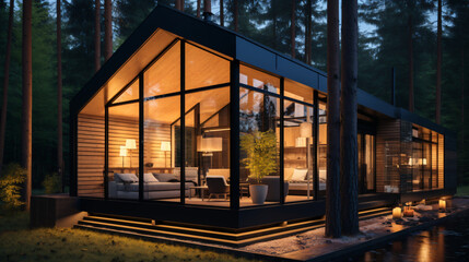 Contemporary Luxurious Villa Exterior in Minimalist Design. Glass-Encased Cottage Nestled in Woods during Nighttime. Modern Cabin-Style House Tucked in Deep Forest.