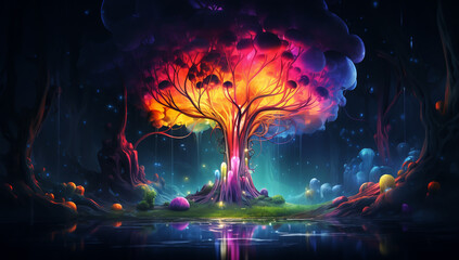 Fantastic fantasy tree, in multi colored neon. AI generated