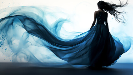 Fictional female figure, dark hair and flowing blue dress. alas generated