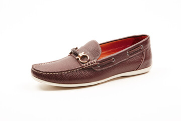 Handmade men's leather moccasins, loafers on an isolated white background. 