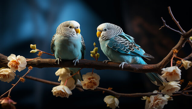 Pair of parakeets perched on a tree branch. AI generated