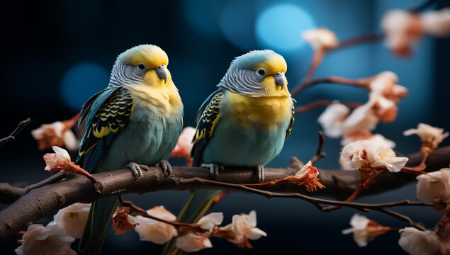 Pair of parakeets perched on a tree branch. AI generated