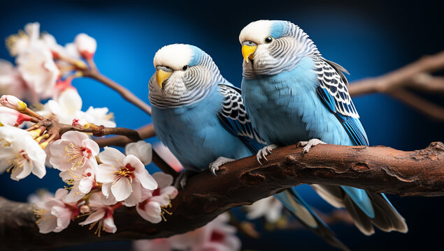 Pair of parakeets perched on a tree branch. AI generated