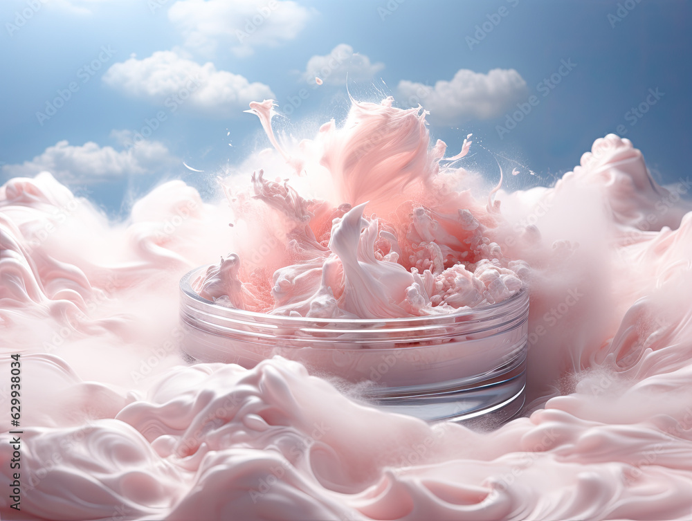 Wall mural Beautiful e-commerce photograph of blush and lotions with clean design, pastel colors, blue. Floating in the air, flat background, studio lighting, cloud design in the center of it. Generative AI.