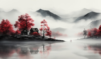 Watercolor of red, white and black landscape. AI generated