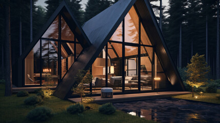 Fototapeta premium Contemporary Luxurious Villa Exterior in Minimalist Design. Glass-Encased Cottage Nestled in Woods during Nighttime. Modern Cabin-Style House Tucked in Deep Forest.