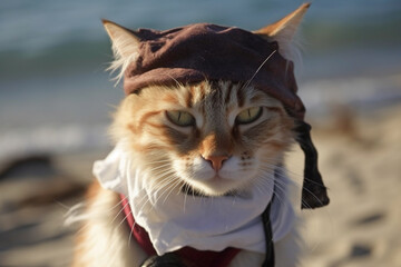 Cat dressed up with pirate costume hat. 