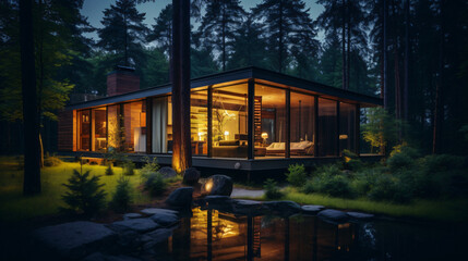 Obraz premium Contemporary Luxurious Villa Exterior in Minimalist Design. Glass-Encased Cottage Nestled in Woods during Nighttime. Modern Cabin-Style House Tucked in Deep Forest.