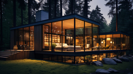 Contemporary Luxurious Villa Exterior in Minimalist Design. Glass-Encased Cottage Nestled in Woods during Nighttime. Modern Cabin-Style House Tucked in Deep Forest.