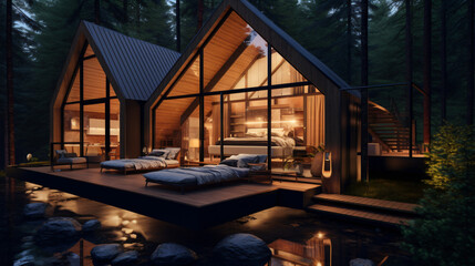 Fototapeta premium Contemporary Luxurious Villa Exterior in Minimalist Design. Glass-Encased Cottage Nestled in Woods during Nighttime. Modern Cabin-Style House Tucked in Deep Forest.