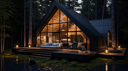 Fototapeta premium Contemporary Luxurious Villa Exterior in Minimalist Design. Glass-Encased Cottage Nestled in Woods during Nighttime. Modern Cabin-Style House Tucked in Deep Forest.