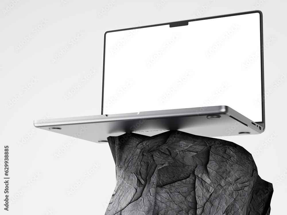 Poster close up of empty white laptop display on black stone podium. tech presentation and device concept. 