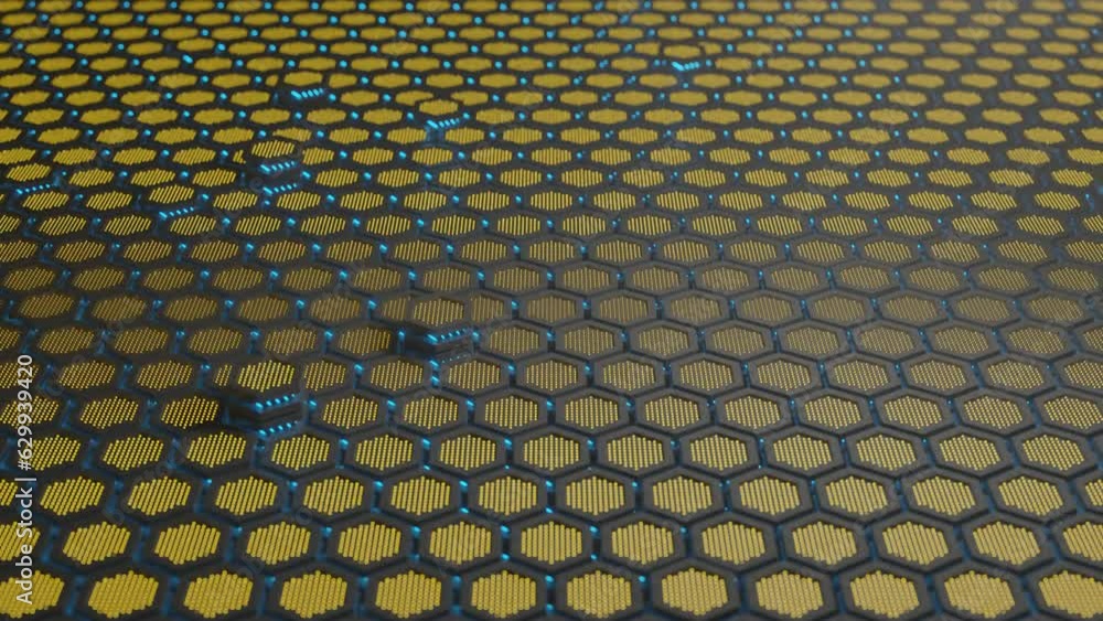 Poster loop 3d animation of a futuristic background of many metal hexagons in motion. honeycombs, cells glo