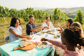 Happy adult friends having fun drinking white wine and eating together with vineyard in background...