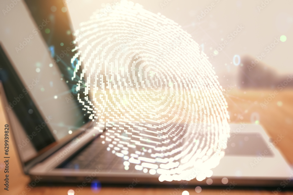 Poster abstract creative fingerprint illustration on modern computer background, personal biometric data co