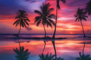 Tropical Tranquility: Sunset Serenade by the Palm Beach Tree.
Generative AI