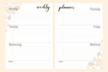 Weekly planner template with Fallen leaves. Printable Vector Autumn notebook sheets for planning with space for Notes. Cute Blank pages for Journal or Diary. Pastel colors collection. 