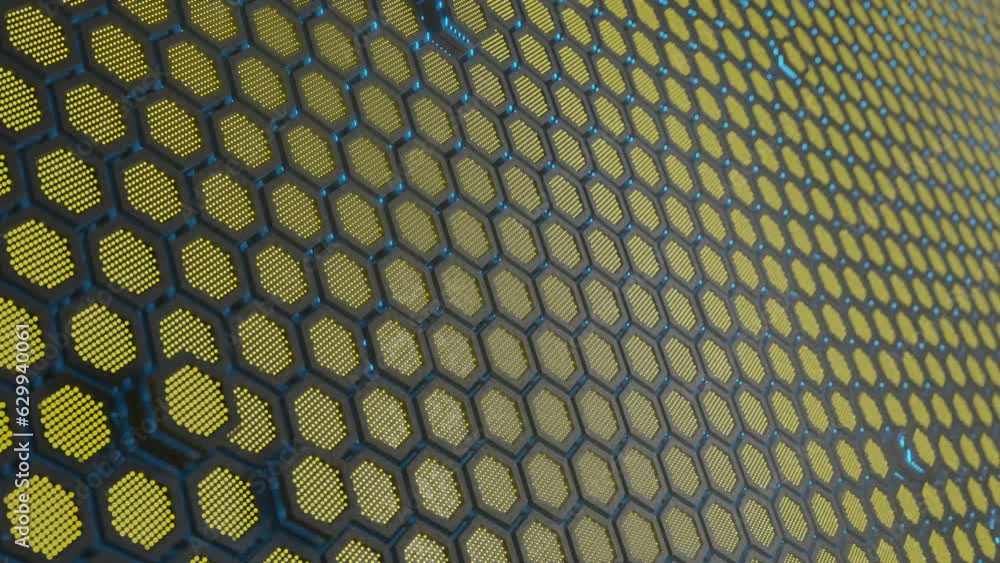 Poster loop 3d animation of a futuristic background of many metal hexagons in motion. honeycombs, cells glo