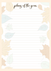 Planer page template. Autumn vector background for Notebook, Schedule, Journal. Trendy pages in floral design with Fallen leaves. Blank sheet Plans of the year. Printable illustration for Organizer.
