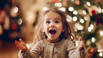 excited little girl waiting near the Christmas tree, happily - Powered by Adobe