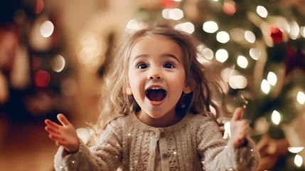Stickers pour porte Salon de beauté excited little girl waiting near the Christmas tree, happily