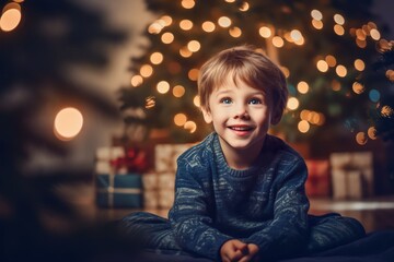 excited little boy waiting near the christmas tree, happily