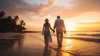 Old couple walking hand in hand on a tropical beach at sunset - 629940856