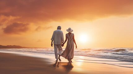 Senior couple walk on the beach and holding hands - 629940862