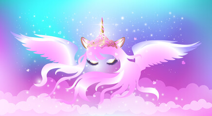 Face of a unicorn with closed eyes with stars. © Natalia